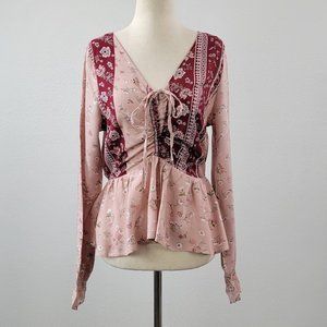 DEREK HEART boho floral print peplum blouse  Sz S NEW